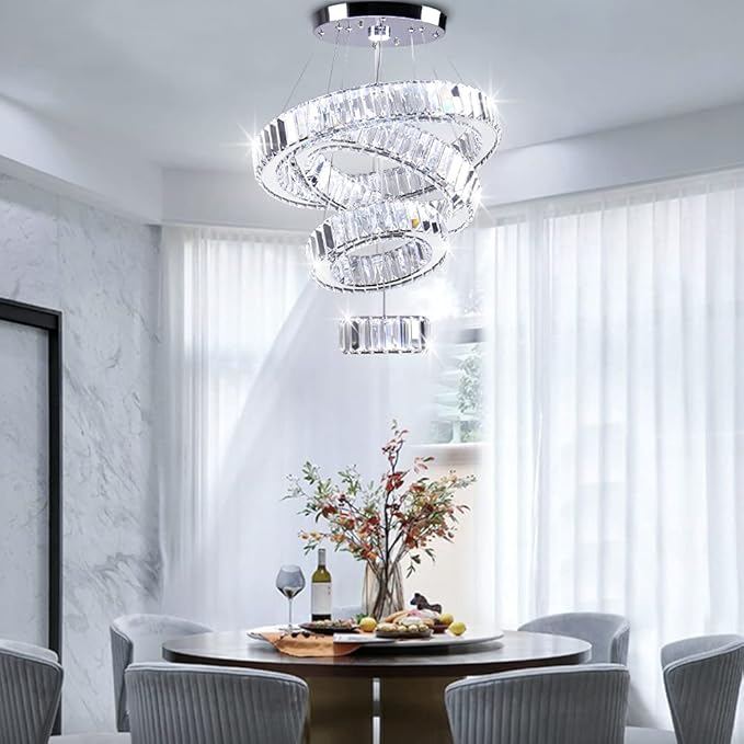 CLAIRDAI LED Crystal Chandeliers High Brightnes 4 Rings Adjustable Stainless Pendant Lighting Chandeliers for Bedroom Living Room Dining Room Dia 5.9-9.8"-13.8"-17.7" 6500K Cool White