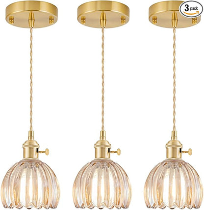 Mini Pendant Lights Kitchen Island 3 Pack, Small Adjustable Pendant Light Fixture with Amber Tulip Glass Lampshade, Vintage Gold Pendant Lighting, Pendant Light for Bedroom Dining Room Hallway