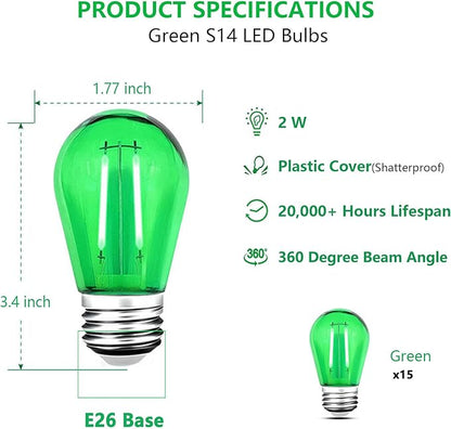 15 Pack S14 LED String Light Bulbs, Shatterproof 2 Watt Green Replacement Bulbs for Outdoor String Light, Waterproof Decorative E26 Base Green Filament Edison Christmas Light Bulbs