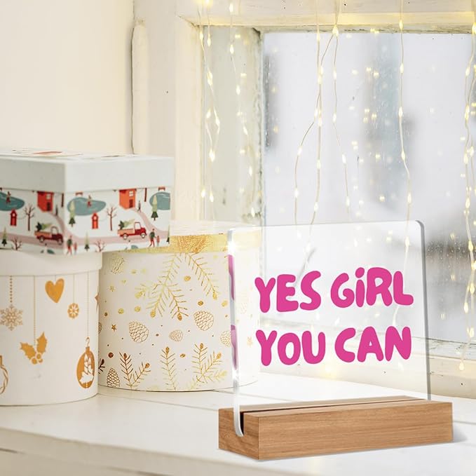 Inspirational Gifts for Women Girl Friend Bestie Sister, Pink Motivational Quote Sign, Yes Girl You Can Acrylic Plaque Table Sign Home Office Desk Decor 4 × 4 Inch