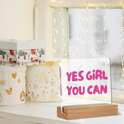 Inspirational Gifts for Women Girl Friend Bestie Sister, Pink Motivational Quote Sign, Yes Girl You Can Acrylic Plaque Table Sign Home Office Desk Decor 4 × 4 Inch