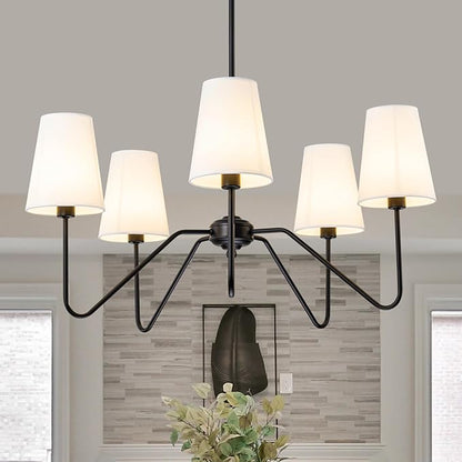 Modern Chandelier for Dining Room, 5-Light Farmhouse Pendat Light Fixture with White Fabric Shade,Black Hanging Light Fixture Over Table Ceiling Chandelier for Bedroom,Living Room,Hallway