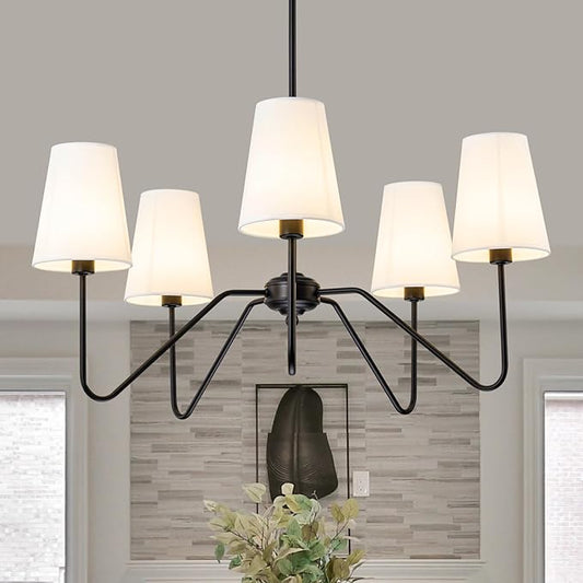 Modern Chandelier for Dining Room, 5-Light Farmhouse Pendat Light Fixture with White Fabric Shade,Black Hanging Light Fixture Over Table Ceiling Chandelier for Bedroom,Living Room,Hallway