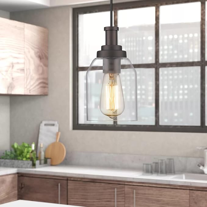zeyu 2 Pack Farmhouse Pendant Light Fixtures, Industrial Hanging Light for Kitchen Island, Clear Glass Shade, Oil Rubbed Bronze Finish, ZG33M1L-2 ORB