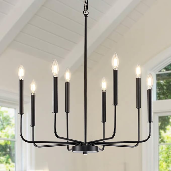Modern Black Chandelier for Dining Room, 8-Light Metal Farmhouse Dining Room Light Fixtures Hanging Candle Chandelier Lighting for Kitchen, Living Room, Foyer, Entryway, Bedroom