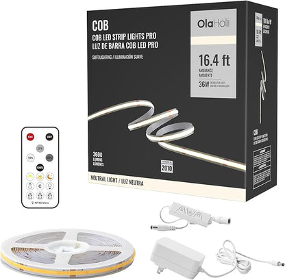 16.4ft COB Led Strip Light with Remote, 4000K Ra93+ Dimmable Bright Led COB Strip Light, White Continuous Led Strip Light for Mirror, Stair, Cabinet, Room