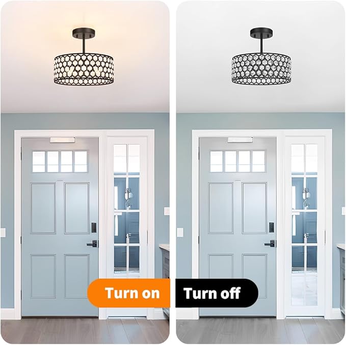 Lxybcce Black Crystal Ceiling Light Fixture - Modern Semi Flush Mount Ceiling Light for Hallway, Kitchen Lighting Fixtures Ceiling, Dazzling Prism Chandelier for Foyer Closet Bedroom, 3 Light, 12 in