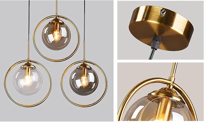Pendant Light Modern Minimalist Hanging Lamp with Spherical Glass Shade and Brass Metal Ring Adjustable Height for Dining Room Bedroom Living Room (Smoke Grey)