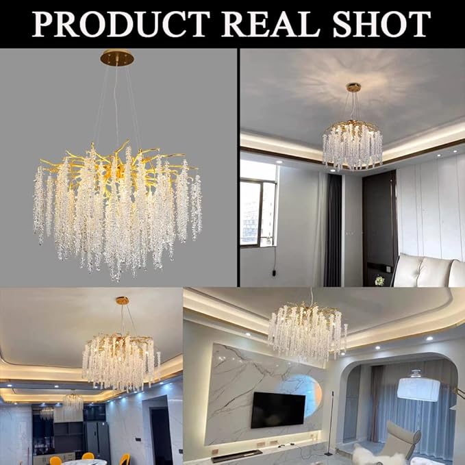 Crystal Tree Branches Chandeliers Gold Luxury Round Raindrop Pendant Light Fixture 9 Light Tassel Ceiling Hanging Light for Dining Room Bedroom Living Room Entryway 23.7"