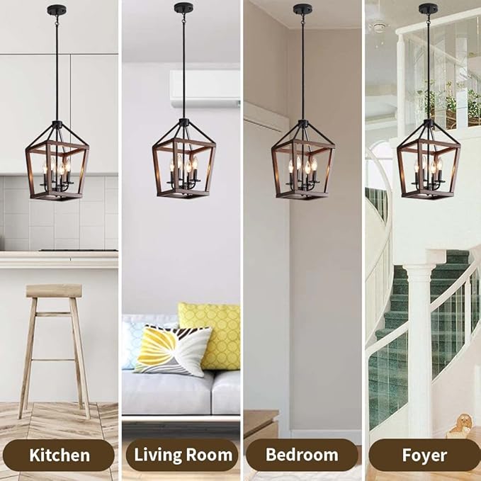 Farmhouse orb Metal Chandelier，4-Light Vintage Handmade Rustic Wood Pendant Hanging Light Fixture for Kitchen Island Dining Room Living Room Bedroom Foyer Hallway