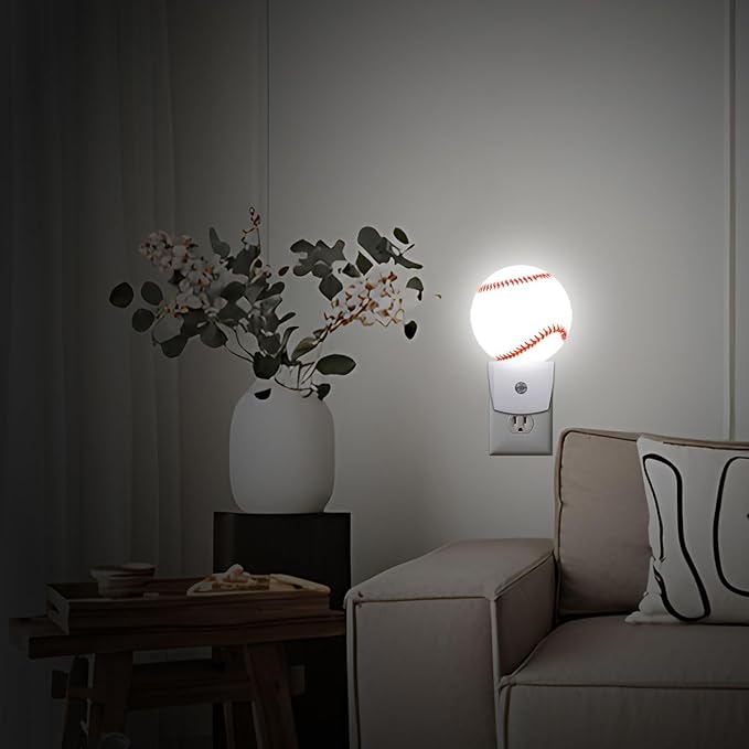 Baseball Sports Night Light Plug Into Wall Auto Led Sleep Round Lamp for Living Room Hallway Stairs