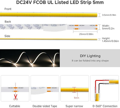 BTF-LIGHTING FCOB COB 5mm Width UL Listed Super Narrow Flexible Uniform Light LED Strip 16.4FT DC24V 3000K CRI 90+ Dimmable LED Ribbon for Kitchen Home Indoor Decoration(No Adapter or Controller)