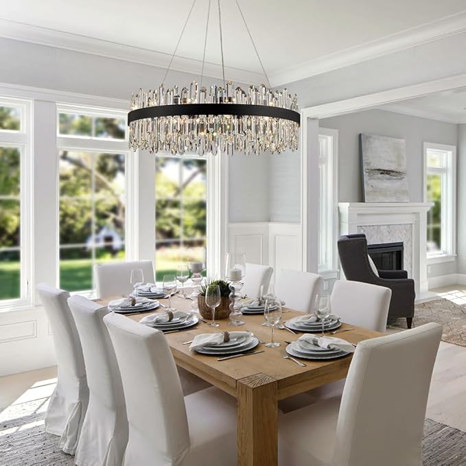 Black Modern Oval Crystal Chandelier, 24-Lights Luxury Chandeliers 2-Tiers K9 Crystal Chandelier Pendant, Light Fixture G9 Lights for Dining Living Room Entryway Kitchen Dia 30 inch