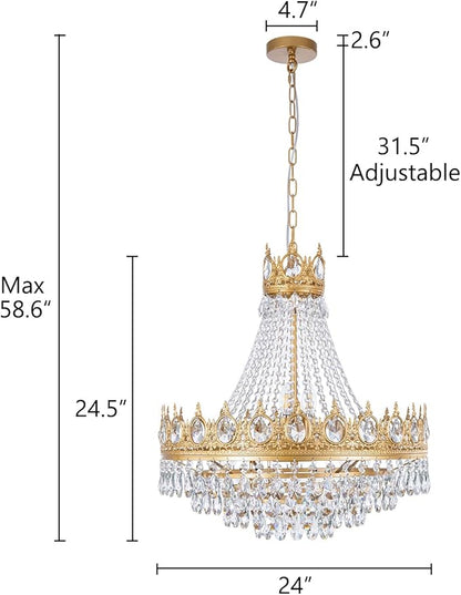 TOCHIC Gold Chandelier French Empire Crystal Chandeliers, 9-Light Modern Luxury Ceiling Light Fixture for Dining Living Room, Bedroom, Kitchen Island, Bathroom, Foyer, 24" W x 24.5" H