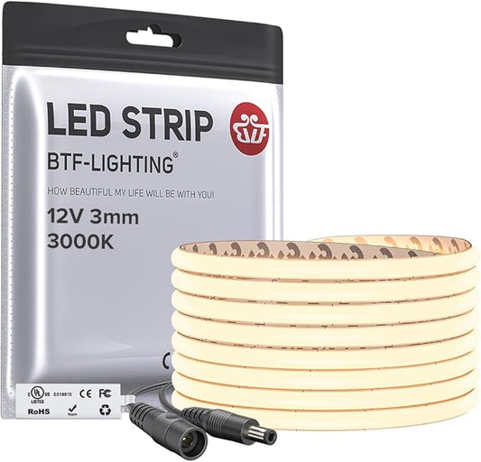 BTF-LIGHTING FCOB COB 3mm Width UL Listed Super Narrow Flexible Uniform LED Strip Light 16.4FT DC12V 3000K CRI 90+ Dimmable LED Ribbon for Kitchen Home Indoor Decoration(No Adapter or Controller)