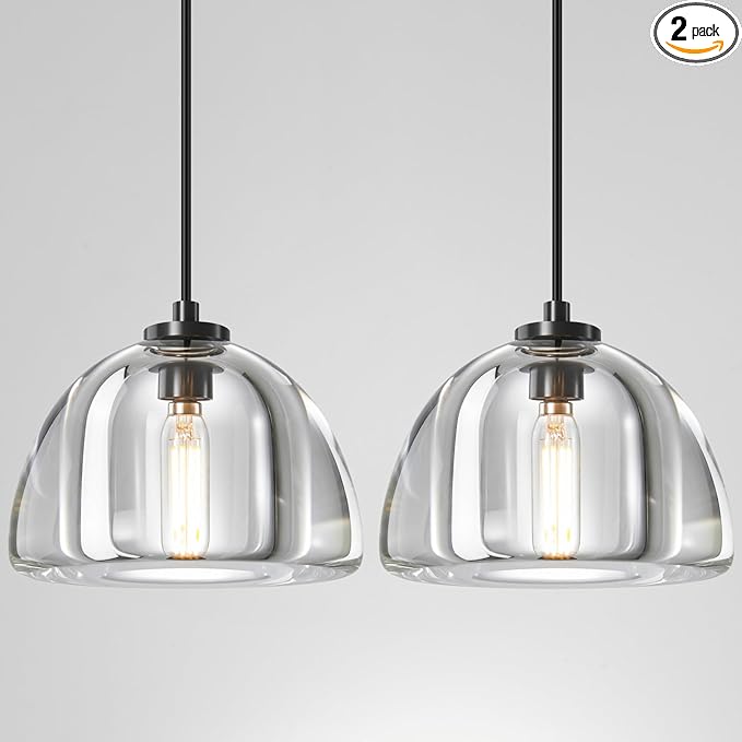 Crystal Pendant Light Kitchen Island: 2 Pack Luxury Brass Hanging Lights - 7" Modern Crystals Hemispher Lighting Fixture over Dining Table - Adjustable Black Pendants Light for Bathroom Bulbs Included