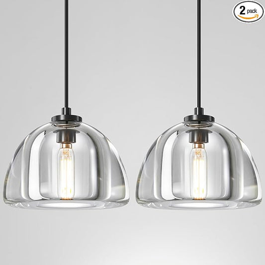 Crystal Pendant Light Kitchen Island: 2 Pack Luxury Brass Hanging Lights - 7" Modern Crystals Hemispher Lighting Fixture over Dining Table - Adjustable Black Pendants Light for Bathroom Bulbs Included