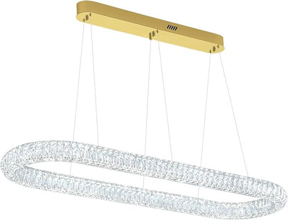 LED Crystal Ring Chandelier, 47.2'' Gold Crystal Ring Pendant Light for Kitchen Island Modern Linear Oval Chandeliers for Dining Room Dimmable 3000K-6000K