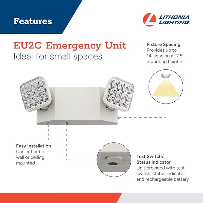 Lithonia Lighting Basics LED Emergency Light, Dual Adjustable Heads, Wall Mount, Damp Rated, 90-Min Backup, 120/277V, White, 2-Pack (EU2C CP2), Deal for stairways, hallways, and Egress Paths
