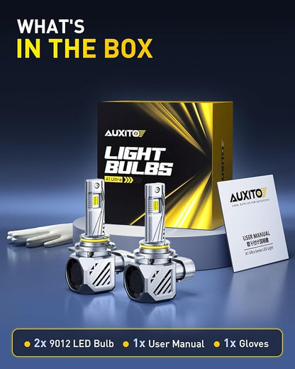 AUXITO 9012 LED Bulbs, 50000LM 1000％ Brightness, 6500K White, 1:1 Mini Size, Non-Polarity Plug and Play, HIR2 Halogen Fog Lamp Replacement, Canbus Ready, Pack of 2