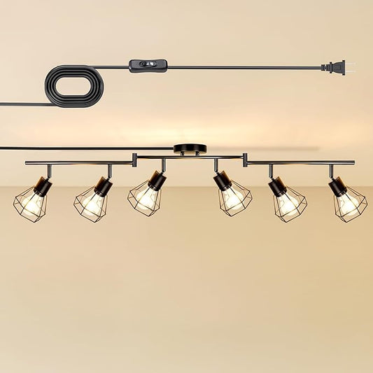 LTBLIGHT Plug in Track Lighting, 6-Light Rotatable Ceiling Light Fixture Black with 16.4ft Cord & On/Off Rocker Switch, Spotlight for Living Room Kitchen Bedroom, E26 Base