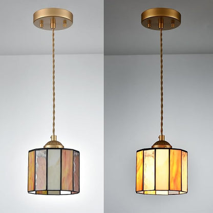 Tiffany Style Pendant Light Hanging Lamp 5.5-Inch Stained Glass Pendant Light Fixture Vintage Cylinder Tiffany Pendant Lighting for Kitchen Island Hallway Dining Room Office Home