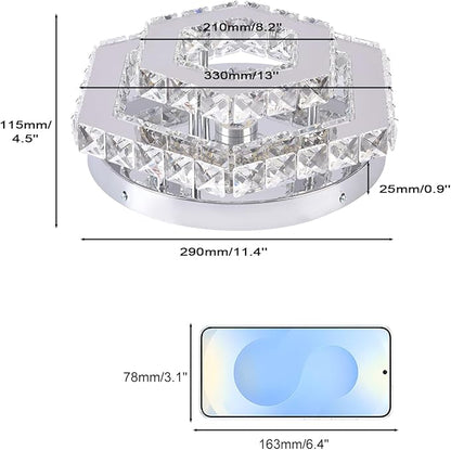 Modern Hexagon K9 Crystal LED Flush Mount Ceiling Light, 45W 3600LM 3-Color, Luxury 2-Layer Stainless Steel Chandelier for Bedroom Living Room Hallway Bathroom