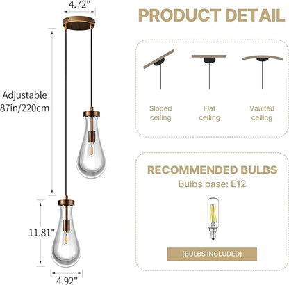 Raindrop Pendant Lights Kitchen Island: Copper Brown Teardrop Hanging Light - 2 Head Crystal Pendants Light over Dining Table - Durable Raindrop Lighting Fixture for Bedroom Hallway Bulbs Included