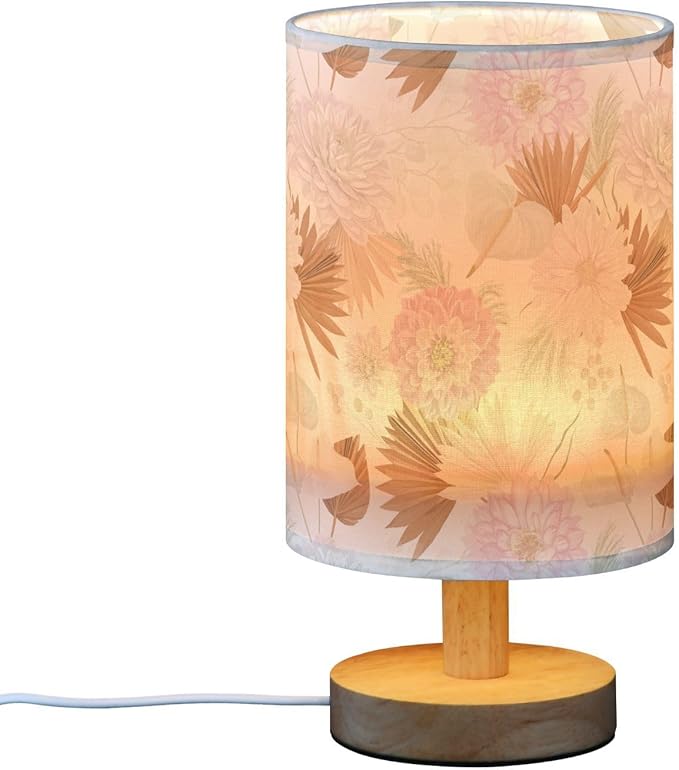 Bedside Table Lamp Dahlia Flowers Nightstand Lamp with Wood Boho Floral Desk Lamps for Bedroom Living Room Nursery Office Home Decor