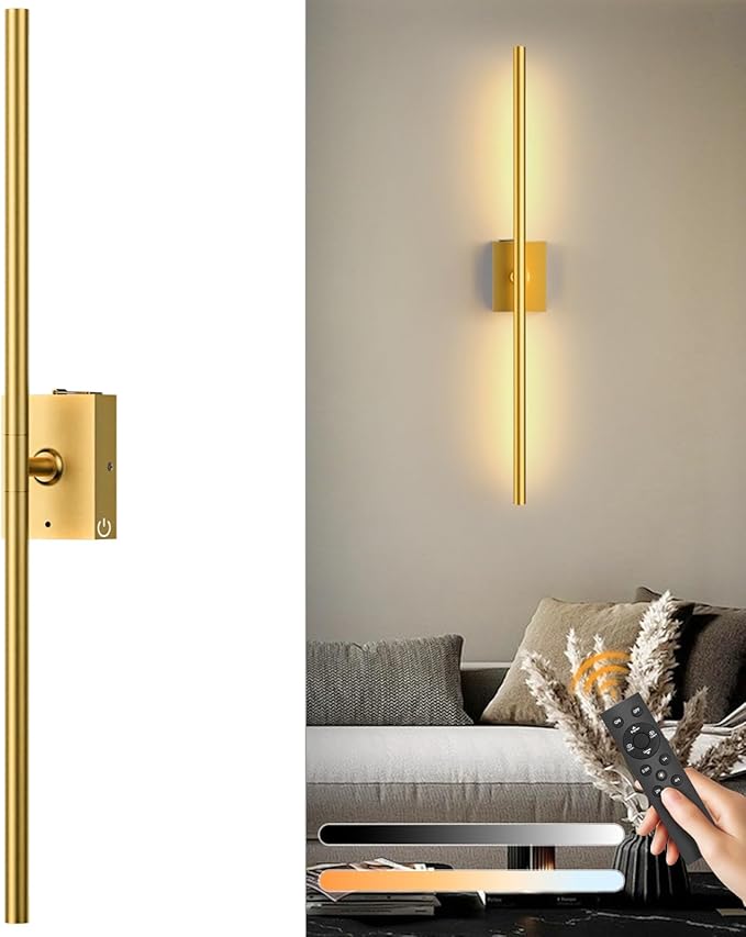 1 Pack Rechargeable Wall Sconce - Gold 10000mAh Battery Operated Wall Sconce with Remote and Touch, 31-inch LED Wireless Wall Light, 360° Rotate 4CCT Wall Scone Decor for TV, Bedroom, Living Room