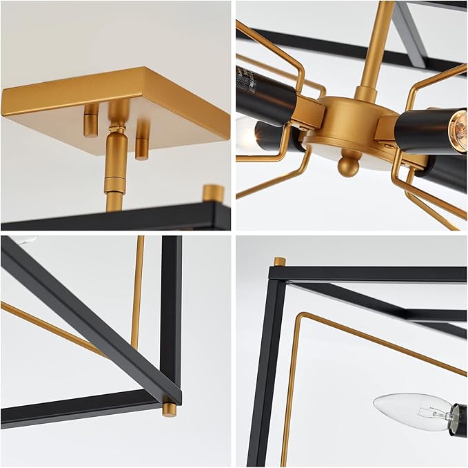 Industrial Semi Flush Mount Ceiling Light, Antique Brass Brush Paint and Black Finish Cage Mini Chandelier Mid Century for Porch Hallway Kitchen Bedroom Balcony 4-Light