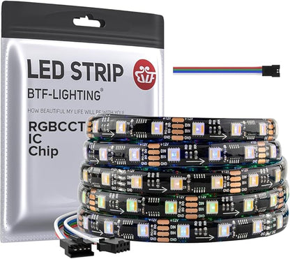 BTF-LIGHTING WS2805 IC RGBCCT Addressable Dual Data LED Strip 5050SMD 16.4FT 60LED/m 20Pixel/m,UL Listed,5 Colors in 1 Chasing Color RGB+CCT 3000K-6500K IP65 DC12V(No Adapter or Controller)