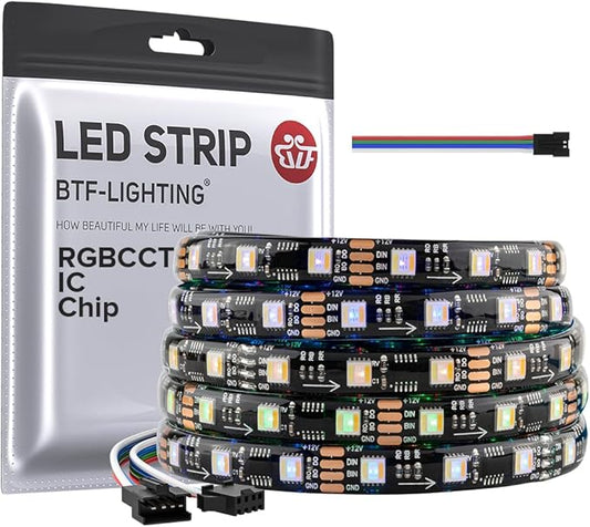 BTF-LIGHTING WS2805 IC RGBCCT Addressable Dual Data LED Strip 5050SMD 16.4FT 60LED/m 20Pixel/m,UL Listed,5 Colors in 1 Chasing Color RGB+CCT 3000K-6500K IP65 DC12V(No Adapter or Controller)