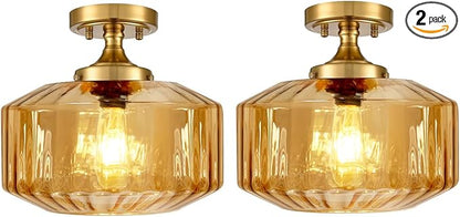 2-Pack Amber Glass Semi Flush Mount Ceiling Light, 11.02" Mid Century Modern Gold Close to Ceiling Light Fixtures, Farmhouse Flush Mount Lamps for Bedroom Hallway Kitchen Entryway Foyer