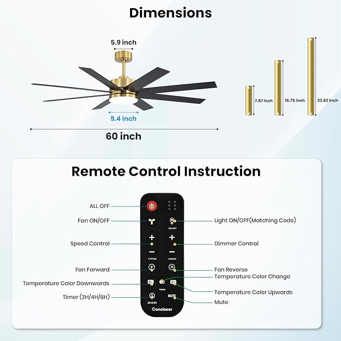 60 Inch Ceiling Fans with Lights and Remote, Dual Color 6 Blades, Bedroom Living Room Office Library Cafe Outdoor Industrial, 3CCT Dimmable, 6 Speed Reversible Quiet DC Motor, Gold/Wood Grain