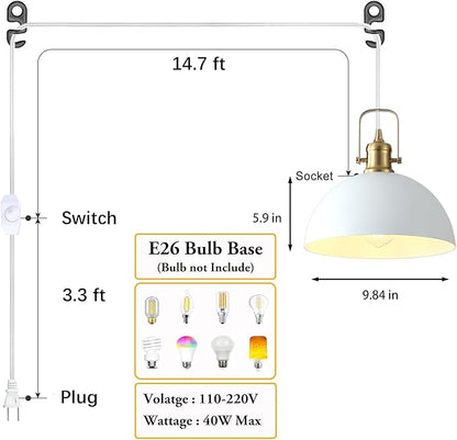 Plug in Pendant Light, Matte White and Gold Finish Haning Light with 19.68 Ft Cord, Dimming Switch, Metal Farmhouse Hanging Lamps for Living Room, Kitchen, Dining Room, Bedroom 9.84"