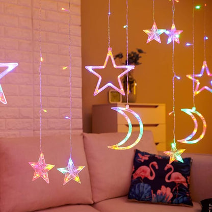 Star Moon Curtain Lights 138 LED, 7.5ft USB Powered Fairy String Lights with 8 Modes, Colorful (Pink Purple Green Warm White) Window Hanging Lights for Bedroom Kids Room Ramadan Eid Party Decor