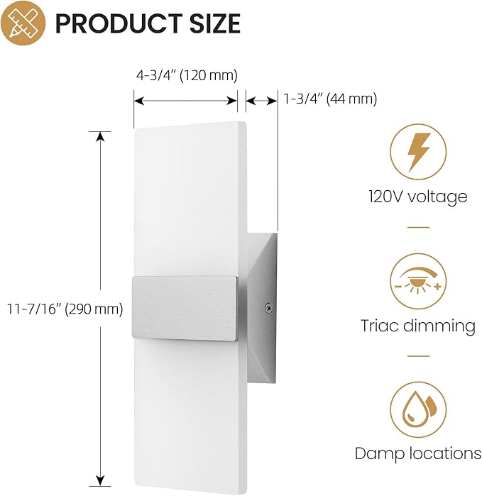 Modern LED Wall Sconces Set of Two, 12 Inch Indoor Dimmable Brushed Nickel Wall Lights, 12W 2700K-5000K Adjustable, Hardwired Acrylic Wall Sconces for Living Room Bedroom Hallway, ETL