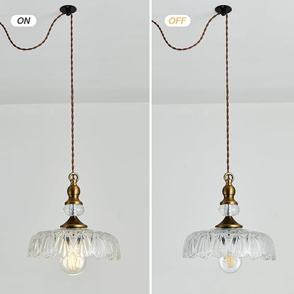 CVKASH Plug in Glass Pendant Light Fixture Brass Vintage Adjustable Chandelier Brushed Gold Hanging Ceiling Light for Farmhouse Hallway Bedroom Foyer Kitcken Dining Room Island