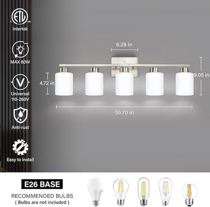 FonmYim Brushed Nickel Bathroom Light Fixtures, 5-Light Modern Vanity Light Over Mirror, Wall Sconces with Milky White Frosted Glass Shades, E26 Socket (Bulbs Not Included)