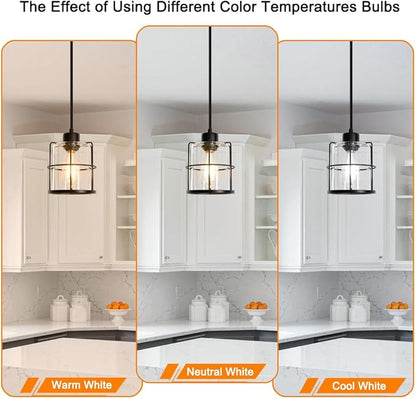 Farmhouse Pendant Lights Kitchen Island Set Of 2, Black Kitchen Island Lighting With Adjustable Rods, Industrial Cage Bathroom Pendant Lights With Clear Glass For Dining Room Hallway Sink