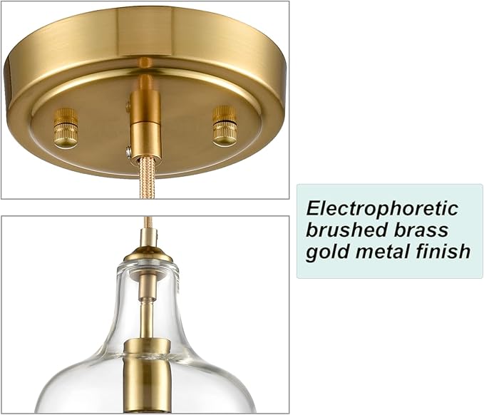 HYDELITE Modern Brushed Gold Pendant Light Fixtures Clear Glass Adjustable Cord Hanging Light for Living Room Kitchen Island Chandelier with Bell Shape