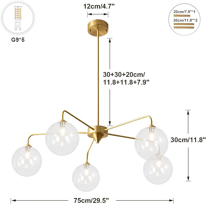 Mid Century Modern Sputnik Chandelier Brass 5 Light Gold Chandelier Clear Glass Globe Sputnik Chandelier for Dining Room Bedroom Kitchen