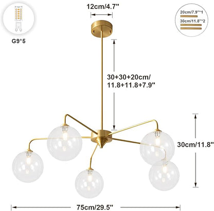 Mid Century Modern Sputnik Chandelier Brass 5 Light Gold Chandelier Clear Glass Globe Sputnik Chandelier for Dining Room Bedroom Kitchen