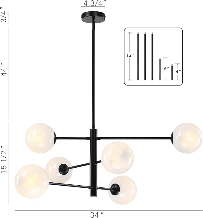 Mid Century 6-Lights Globe Milky Handcrafted Marble Glass Chandelier for Living Room Modern Black Chandelier Light Fixture Dining Room Chandelier Over Table Foyer Bedroom Kitchen Island
