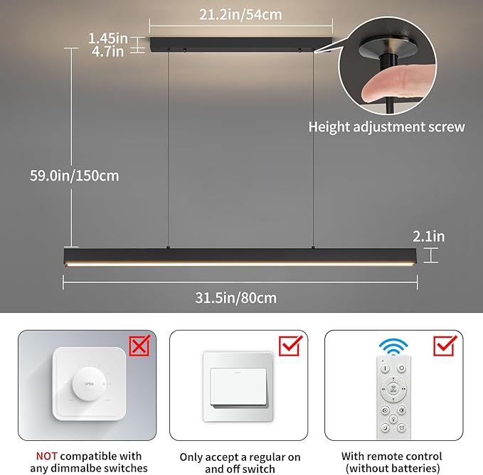 Modern LED Linear Pendant Light, 31IN Ceiling Chandlier Light Fixtures Hanging with Remote Control 3000k-6500K Adjustable Color Temperature Island Light for Dining Room, Kitchen
