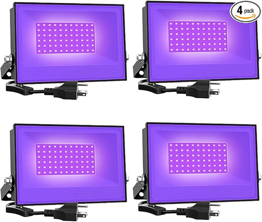 Onforu 4 Pack 38W LED Black Lights, Blacklight Flood Light with Plug, IP66 Waterproof, for Halloween Party, Glow in The Dark, Stage Lighting, Aquarium, Body Paint, Fluorescent Poster, Neon Glow,Black