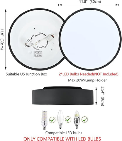 Modern Flush Mount 2-Light Round Black Ceiling Light Fixture, Minimalistic Acrylic Shade Lighting for Bedroom, Laundry Room, Foyer, Hallway (11.8")