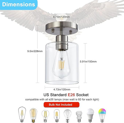 YYT Brushed Nickel Semi Flush Mount Ceiling Light, Small Hallway Light Fixture Ceiling, 1-Light Over Sink Lighting Fixtures Kitchen, Cieling Lights with Clear Glass Shade for Entryway Bedroom 1 Pack