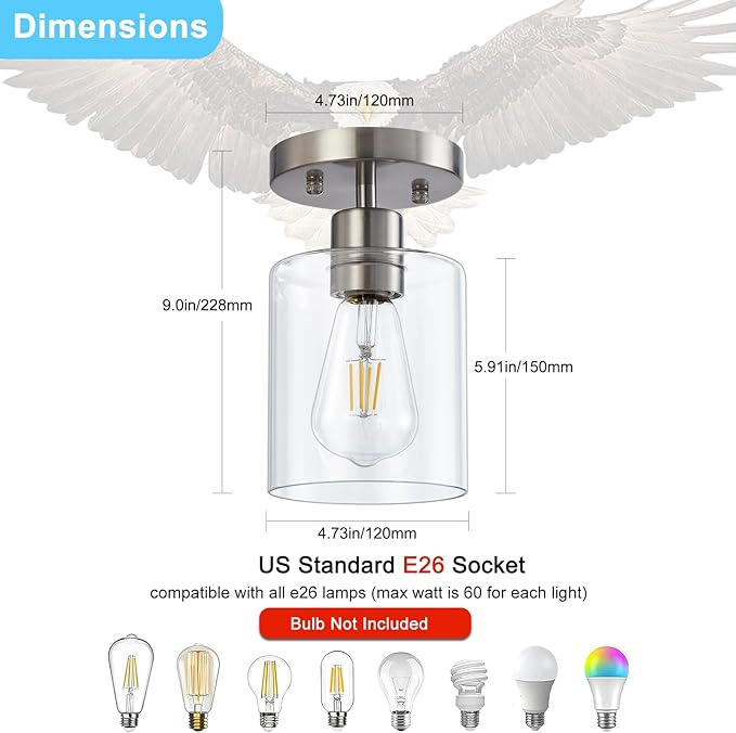 YYT 1-Light Flush Mount Ceiling Light, Brushed Nickel Hallway Light Fixtures, Small Kitchen Lighting Fixtures Ceiling, Cieling Lights with Clear Glass Shade for Entryway Bathroom Corridor Passway